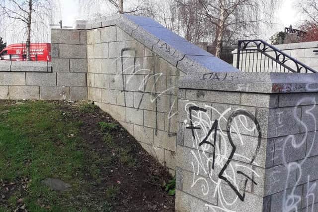 The defaced stone columns of the Bann Bridge in Portadown. Credit: Cllr Kyle Moutray