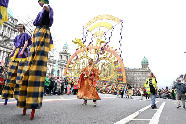 Eye-catching performers take part in the St Patrick's Day parade.