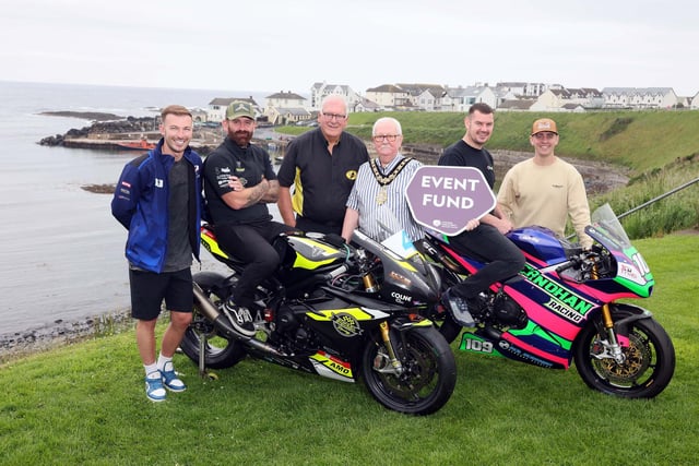 Pictured at the launch of the Armoy Road Races at the Bayview Hotel, Portballintrae are, from left, Paul Joran, road racer, Jamie Coward, road racer, Bill Kennedy, Director at the Armoy Motorcycle Road Racing Club (AMRRC), Mayor of Causeway Coast and Glens, Councillor Oliver McMullan, Neil Kernohan, road racer and Dominic Herbertson, road racer.