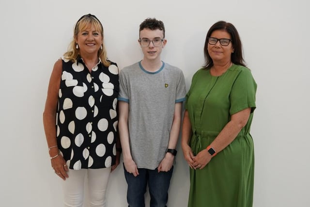 One of the high achievers at GCSE Cadhan Cassidy (3A*, 7A, 1B) with Mrs McConnell (Head of Year) and Mrs Lennon (Principal) of Lismore College in Craigavon, Co Armagh.