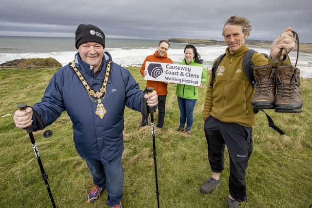 The Mayor of Causeway Coast and Glens Borough Council, Councillor Ivor Wallace, launches the Causeway Coast and Glens Walking Festival along with Lorcan McBride from local activity provider Far and Wild, Coast and Countryside Officer Mark Strong and Trade Engagement Officer Siobhan McKenna.