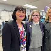 Fiona Gillespie, Manager of the new Carrickfergus Hospice shop; NI Children’s Hospice Youth Ambassador Madison Wright; and Miss Northern Ireland Hannah Johns.