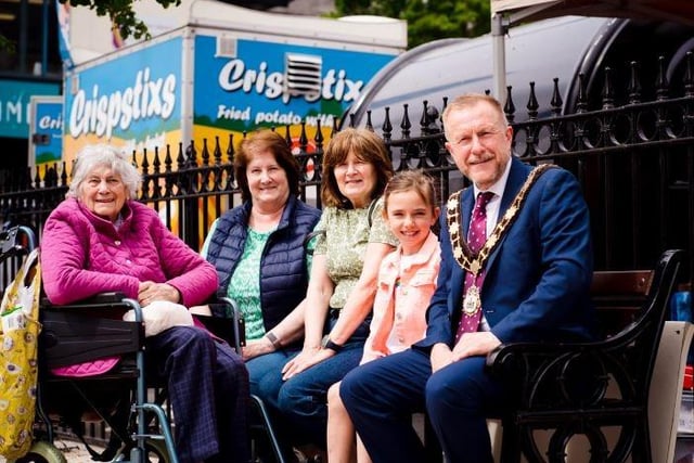 Mayor of Antrim and Newtownabbey, Ald Stephen Ross with Dolly Johnston, Nathena McIlheron, Linda Ford and Charliee-Jo Howell.