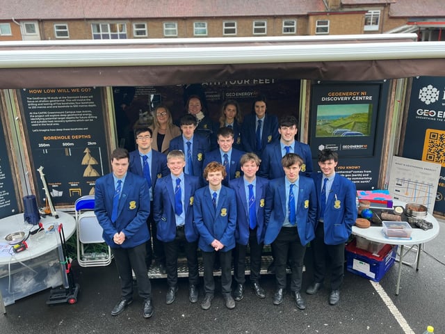 Year 14s from Loreto College are pictured visiting the GeoEnergy Discovery Centre where they took part in geothermal experiments, handled rocks from below the Earth’s surface, spoke with the project’s knowledgeable Geo Ambassadors and used Virtual Reality technology.  Students from Coleraine College, Coleraine Grammar School and DH Christie Memorial Primary School also visited the centre as part of a special Schools Day activity, hosted by Coleraine Grammar School. Credit Morrow Communications