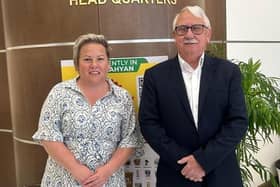 Deborah Templeton, sales and marketing coordinator and Colin Kiddell, business development, for White's Oats, at Lulu headquarters in Qatar. Photo: submitted