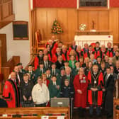 Alderman James Tinsley, LCCC Veterans Champion; Mr Danny Kinahan, the Northern Ireland Veterans’ Commissioner; Mr Peter Mackie, High Sheriff; The Deputy Lord Lieutenant Mrs Pauline Shields, OBE, DL; Mayor Councillor Andrew Gowan; Lyn Bulgin, Greenfinch, Rosemary Craig, Greenfinch; Mr David Burns, Chief Executive; The Right Reverend Darren James McCartney, the rector of St. Paul’s Parish; Sir Jeffrey Donaldson MP; Reverend Nicholas Dark and Ronnie Nesbitt and Councillors are pictured with the Greenfinches at the event. Pic credit: Norman Briggs, rnbphotographyni