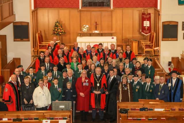 Alderman James Tinsley, LCCC Veterans Champion; Mr Danny Kinahan, the Northern Ireland Veterans’ Commissioner; Mr Peter Mackie, High Sheriff; The Deputy Lord Lieutenant Mrs Pauline Shields, OBE, DL; Mayor Councillor Andrew Gowan; Lyn Bulgin, Greenfinch, Rosemary Craig, Greenfinch; Mr David Burns, Chief Executive; The Right Reverend Darren James McCartney, the rector of St. Paul’s Parish; Sir Jeffrey Donaldson MP; Reverend Nicholas Dark and Ronnie Nesbitt and Councillors are pictured with the Greenfinches at the event. Pic credit: Norman Briggs, rnbphotographyni