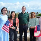 Students Sienna Taggart and Zoe Shields pictured (from left to right) with Dr. Erin Hinson, Study USA Student Support Advisor; Richard Leeman, Skills Division, Department for the Economy, Northern Ireland, and Claire Hamilton, Study USA Programme Manager.  Photo: The British Council