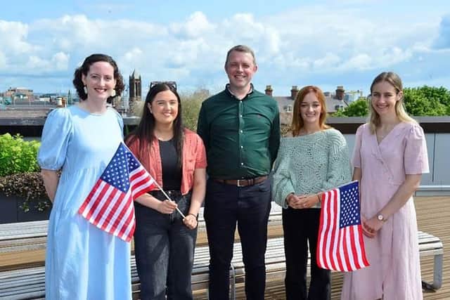 Students Sienna Taggart and Zoe Shields pictured (from left to right) with Dr. Erin Hinson, Study USA Student Support Advisor; Richard Leeman, Skills Division, Department for the Economy, Northern Ireland, and Claire Hamilton, Study USA Programme Manager.  Photo: The British Council