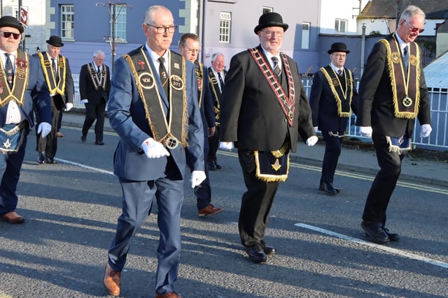 Members of Glenarm RBP 337 and visiting brethren with Carnlough Band on parade in Glenarm on Sunday evening as they made their way to Glenarm Church of Ireland for their annual church  church service