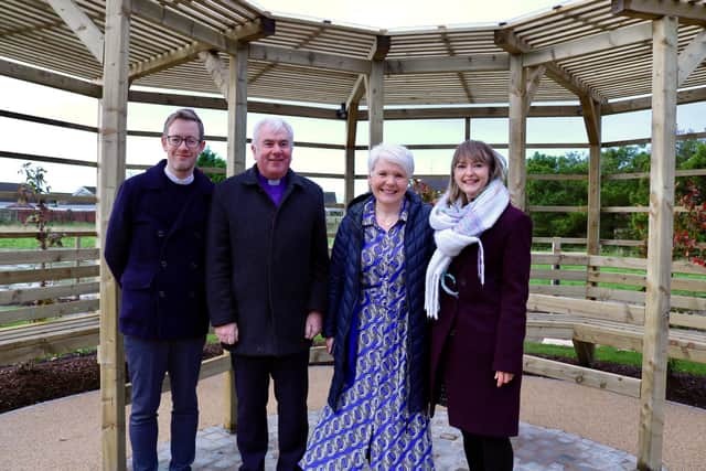 Gathered for the official opening of the Garden of Reflection in Magheralin are Rev Simon Genoe, Bishop David McClay, Judith Kinnen and Rev Emma Carson.