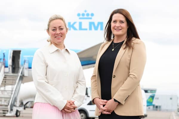 Belfast City Airport has announced that airline partner, KLM Royal Dutch Airlines, is set to significantly expand its services from Belfast City Airport to Amsterdam Schiphol Airport. Pictured is Katy Best, chief commercial officer at Belfast City Airport and Helen McGorman, head of stakeholder engagement NI at Tourism Ireland