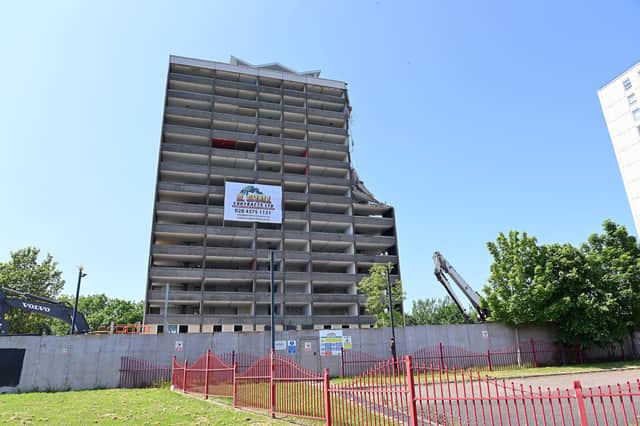 Monkscoole House in Rathcoole, Newtownabbey, is the first tower block to be demolished by the Housing Executive under its recent Tower Block Action Plan.
