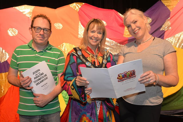 Lord Mayor of ABC Council, Alderman Margaret Tinsley pictured with musical director, Brian Greene and director, Lynda Wright at rehearsals for the Junior Phoenix Players production of Joseph And The Amazing Technicolour Dreamcoat in Portadown Town Hall. PT32-202.