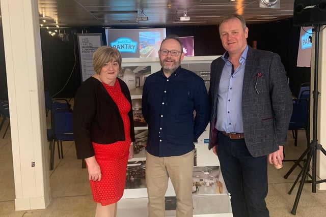 Chris Leech of Craigavon Area Food Bank at the official opening of the new social supermarket Freedom Foods Pantry in Portadown, Co Armagh on Thursday. He is pictured with Geraldine Lawless, Chair of TADA rural support network and Ulster Unionist Cllr Kyle Savage, Chair of TADA.  The supermarket is open to anyone in need and, for a small fee, can avail of a grocery shop of fresh and frozen food plus other staples.