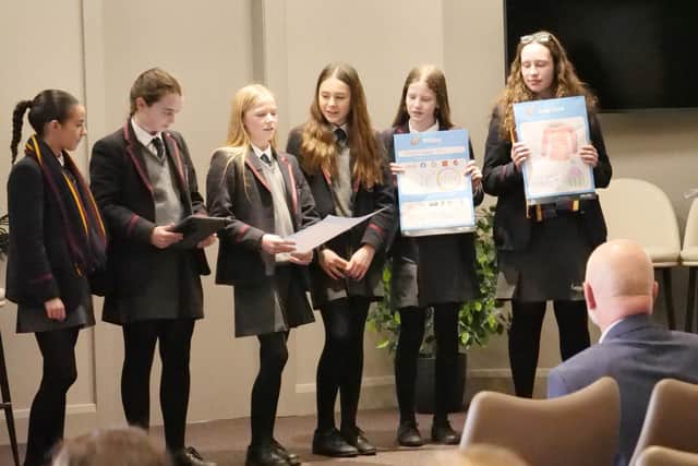 Pupils from Wallace High School pitching their ideas to local businesspeople. Pic credit: LCCC