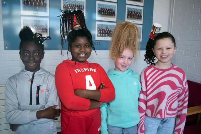 Posing proudly with their super cool hairstyles are Ballyoran Primary School Year 4 pupils from left, Rafael, Graciette, Sadie and Emile. PT12-245.