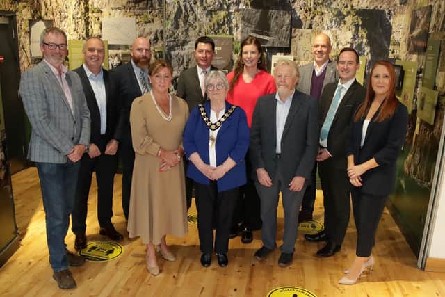Pictured at The Gobbins are Alderman William McCaughey; Ciaran McGarrity (Department for the Economy); Colin Morrison (MEA Council); David Roberts (Director of Strategic Development, Tourism NI); Clare Walls (Belfast City Council BRCD); John Hood (Board of Tourism NI); Valerie Watts (Mid and East Antrim Borough Council Interim Chief Executive); Mayor of Mid and East Antrim, Alderman Beth Adger MBE; Alderman Robert Logan; Jonathan McGrandle (MEA Council), and Laura Cowan (MEA Council).  Photograph by Declan Roughan / Press Eye