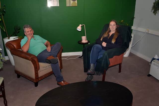 Alan McDowell, founder of Portadown Wellness Centre, and Emma Henry, centre manager, pictured in the councelling suite. PT34-201. Picture: Tony Hendron
