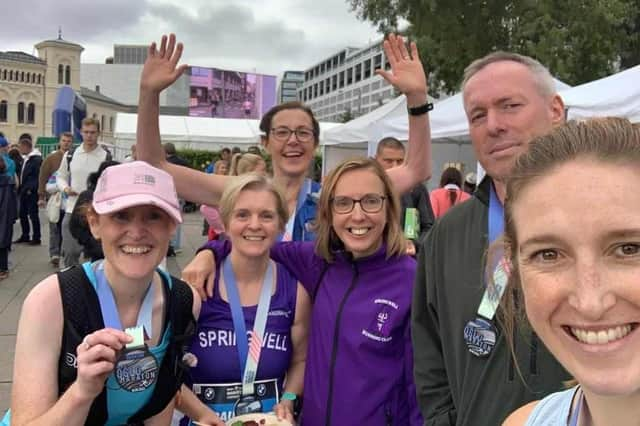 Roberta McKenzie, Pauline Duke, Sylvia Pollock, Liz Dowey, Richard Pollock and Alanna Millar at the Oslo Marathon. Credit David McGaffin