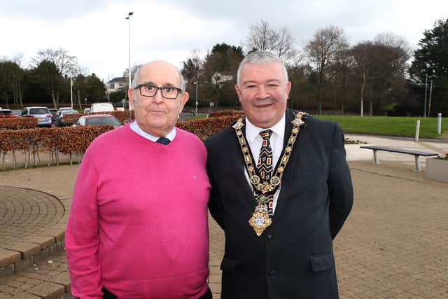 The Mayor of Causeway Coast and Glens Borough Council, Councillor Ivor Wallace, pictured at Cloonavin with Billy Atkinson from Boveedy Springwell Club.