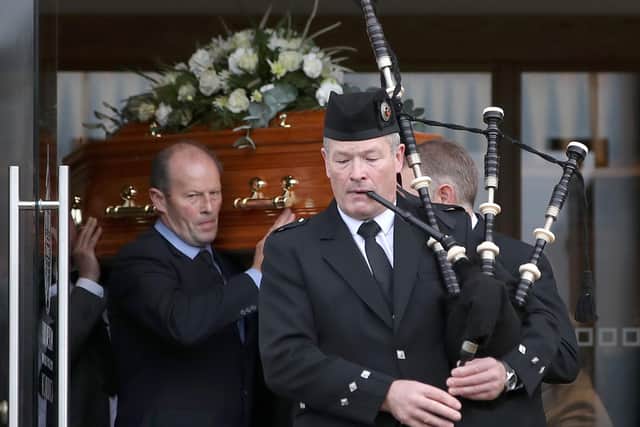 The coffin of Maud Kells is piped out of Molesworth Presbyterian Church on Sunday. Credit: Declan Roughan / Press Eye