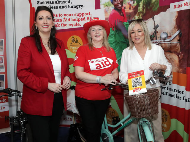 First Minister Michelle O’Neill and deputy First Minister Emma Little-Pengelly visiting the Christian Aid Week stand at the Balmoral Show. Pictured here with Christian Aid Ireland Chief Executive Rosamond Bennett.  Photograph by Declan Roughan / Press Eye