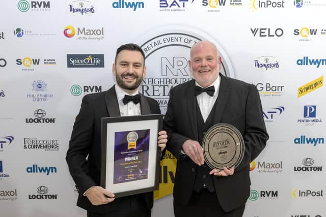 Tom Greene (right) from Centra Lake Road is pictured with Eddie Devine, Head of Symbol & Independents BAT UK from category sponsor, Velo.