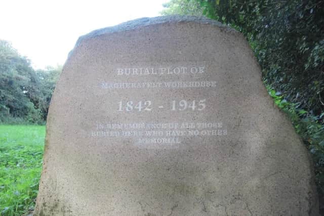 The memorial stone marking the burial plot at Magherafelt Workhouse. Credit: Raymond P. Brady