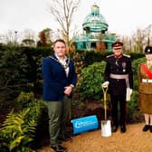 Pictured at The Coronation Garden, Hazelbank Park, are from left: The Mayor of Antrim and Newtownabbey, Councillor Mark Cooper BEM; The Lord-Lieutenant, David McCorkell KStJ and Cadet Staff Sergeant, Kaitlyn Beggs. Picture: Antrim and Newtownabbey Borough Council