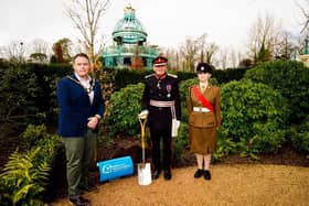 Pictured at The Coronation Garden, Hazelbank Park, are from left: The Mayor of Antrim and Newtownabbey, Councillor Mark Cooper BEM; The Lord-Lieutenant, David McCorkell KStJ and Cadet Staff Sergeant, Kaitlyn Beggs. Picture: Antrim and Newtownabbey Borough Council