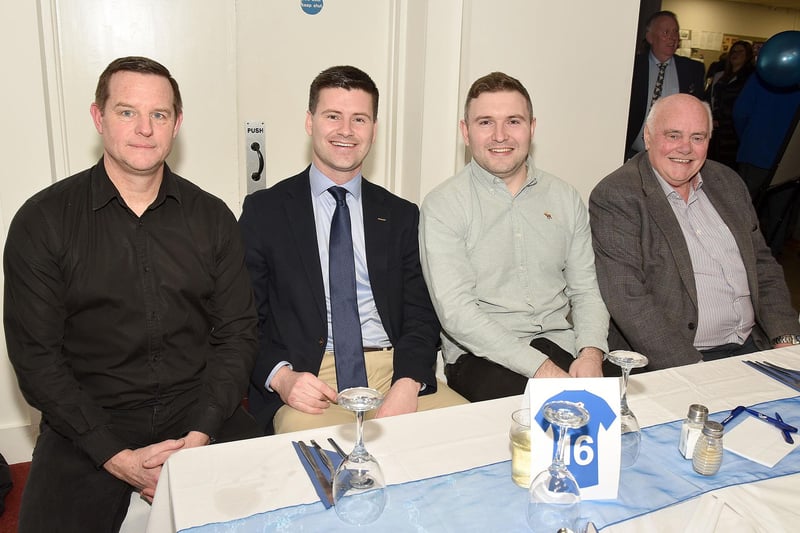 Pictured at the Hilbert Willis 100th birthday party at Loughgall FC are from left, David Johnston, Jonathan Buckley MLA, Thomas Halliday and Bobby Bothwell. PT07-207.