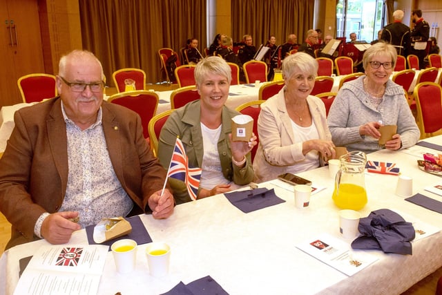 Enjoying their fish and chips at the VE Day 80 celebration at Craigavon Civic Centre are from left, Peter Aiken, Gail Davidson, Yvonne Warren and Jean Millar. LM19-215.