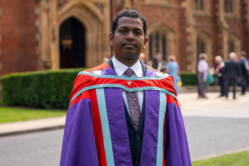 Ebenezer Veerasingam pictured on graduation day at Queen's as he receives his PhD English (AEL).