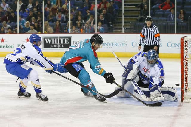 Ray Sawada of the Belfast Giants in action against David Brown of the Hull Stingrays during the Elite League game at the Odyssey Arena, Belfast in 2015. Picture: Michael Cooper
