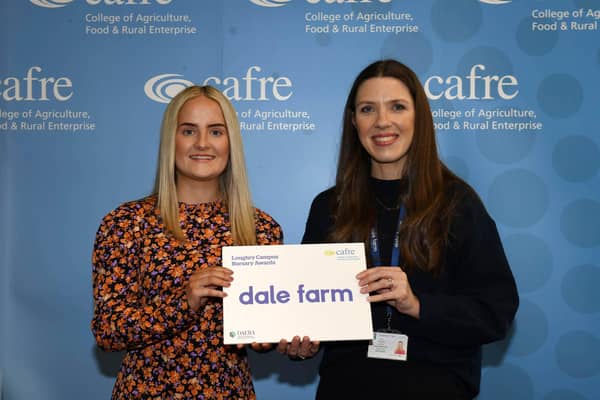Sophie Hawthorne, a first-year student studying for a BSc (Hons) Degree in Food Innovation and Nutrition was awarded with the Dale Farm Bursary. Sophie, from Markethill received her award from Laura Hook, New Product Development Manager at Dale Farm.