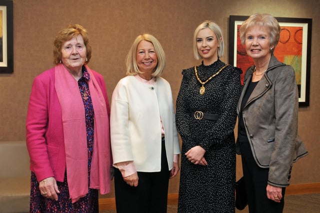 Deputy Lord Mayor, Councillor Sorcha McGeown with Mrs Mary Canniffe, former teacher; Mrs Lisa French, principal and Mrs Carole Quinn, past principal, at a reception to mark the 50th anniversary of the opening of St Brendan's Primary School.