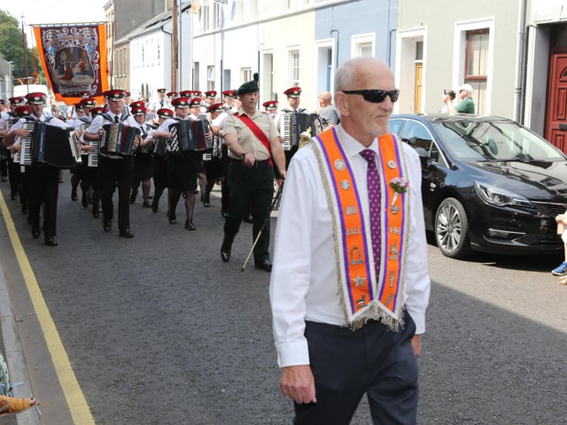 Ballymoney, Rasharkin, Cloughmills, Bushmills and Ballycastle were in attendance at the Twelfth demonstration in Ballymoney with a total of 43 Lodges and 22 bands.