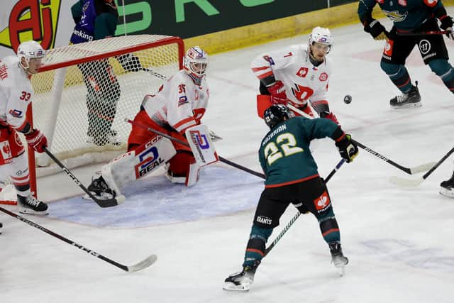 Belfast Giants’ Ara Nazarian with Dynamo Pardubice’s Milan Klouček during Wednesday’s CHL game at The SSE Arena, Belfast.   Photo by William Cherry/Presseye