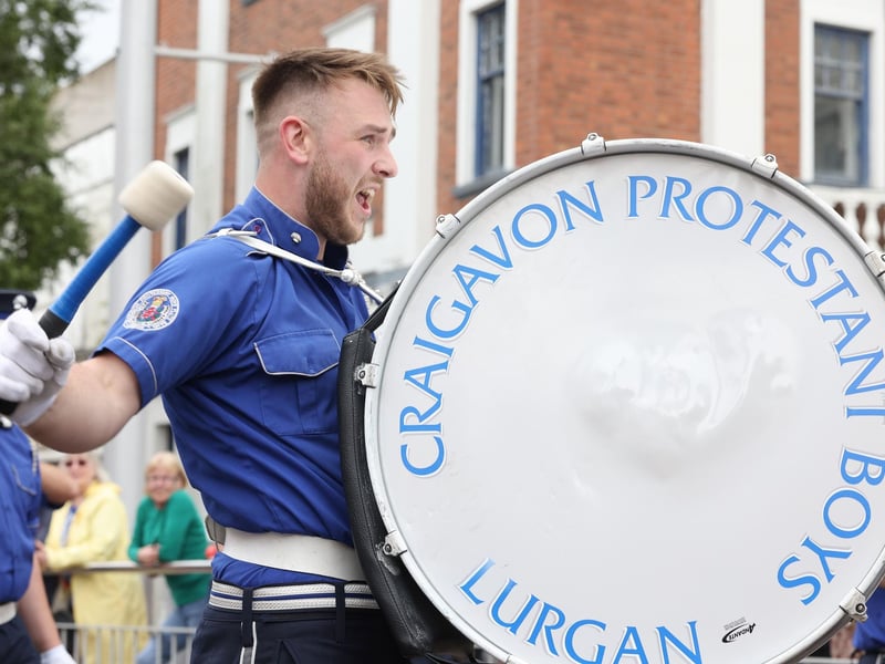 The Craigavon Protestant Boys drummer gives it his all during the Lurgan Royal Black District Chapter No 2 parade in Bangor on Saturday.
