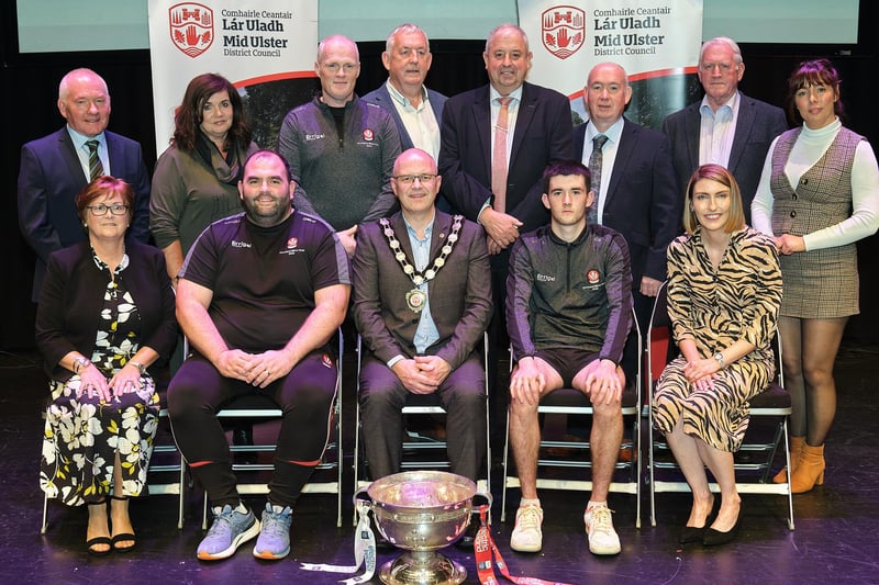 Pictured at the Civic Reception with Chair of the Council, Councillor Dominic Molloy, are representatives from Derry Minor Football team who won the All Ireland Championship 2023. Also pictured are nominating councillors, Councillor Brian McGuigan, Councillor Denise Johnston, Councillor Sean McPeake, Councillor Paddy Kelly, Councillor Sean Clarke, Councillor Jolene Groogan, Councillor Christine McFlynn and Councillor Cora Corry.