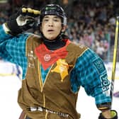 Belfast Giants' Kohei Sato celebrates after scoring against the Fife Flyers at the SSE Arena. Photo by Philip Magowan / Press Eye