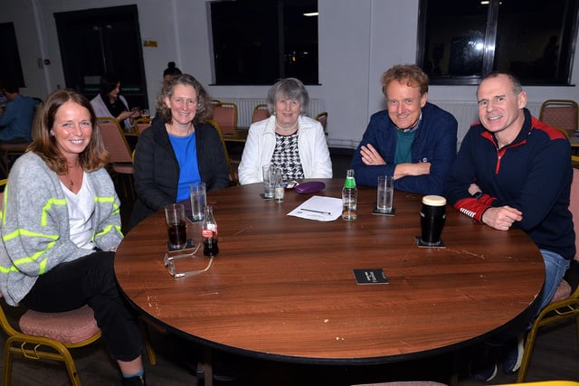 Preparing to do battle in the Portadown College rugby quiz are from left, Joan Logan, Anne-Louise McCusker, Jennifer McCusker, Colin McCusker and Peter Logan. PT43-203.