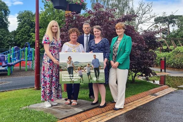 Pictured are Catherine Hunter, Environmental Education Officer, Mid and East Antrim Borough Council; Mayor of Mid and East Antrim, Alderman Gerardine Mulvenna; Claire McVeigh, Sustainability Advisor, Sustainable NI; Philip Thompson, Director of Operations, MEABC, and Dr Elaine Smith, Climate & Sustainability Manager, MEABC.  Photo: Mid and East Antrim Borough Council