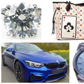 Items included in Wilson's Auctions current luxury lisings - a platinum 9.08ct round brilliant -cut diamond solitaire ring (auction estimate: £80,000 - £100,000); a Louis Vuitton Neverfull 'Game on' limited edition bag; a 2019 BMW M4 wit 12,577 miles and a rare 2021 platinum ice blue Rolex day-date 40 with boxes and papers (auction estimate: £38,000 - £42,000).