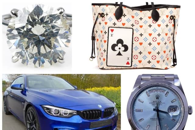 Items included in Wilson's Auctions current luxury lisings - a platinum 9.08ct round brilliant -cut diamond solitaire ring (auction estimate: £80,000 - £100,000); a Louis Vuitton Neverfull 'Game on' limited edition bag; a 2019 BMW M4 wit 12,577 miles and a rare 2021 platinum ice blue Rolex day-date 40 with boxes and papers (auction estimate: £38,000 - £42,000).