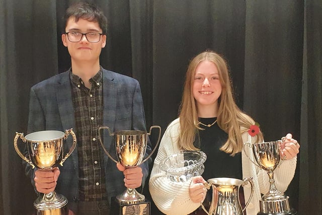 Year 14 Prize Winners Joel Cordner - The Headmaster's Award for Academic Excellence, The W D Johnston Cup for A Level Chemistry with Stacie Allen - The Headmaster's Award for Academic Excellence, The Trewsdale Award for A Level Geography, The Albert Houston Cup for A Level Physics, The Warmflow Cup for A Level Mathematics