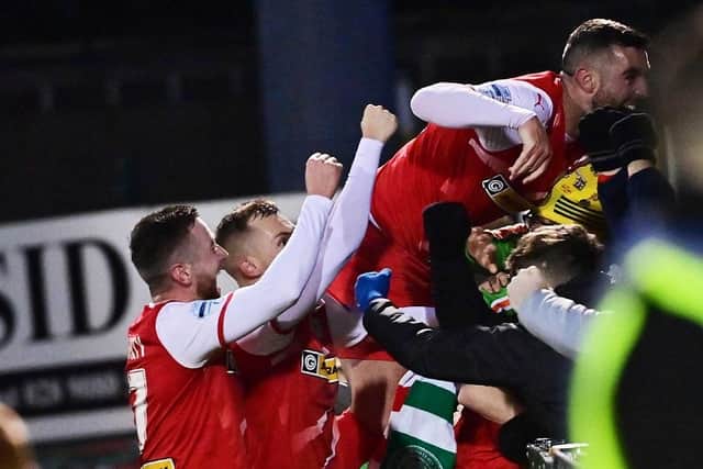 Cliftonville’s Rory Hale scores during Monday’s game at Solitude in Belfast. Pic Colm Lenaghan/ Pacemaker