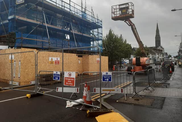 Plenty of room and access for pedestrians in North Street, Lurgan, Co Armagh and the car park is free to use as work continues on the Irish National Foresters building which suffered a partial wall collapse at the beginning of July. Traders have been told the road will reopen on August 25th.