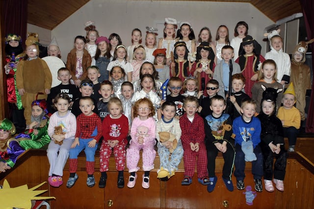 The entire cast of St Oliver Plunkett's Primary School, Ballyhegan Key Stage One Nativity play 'Sparkle' in 2007.